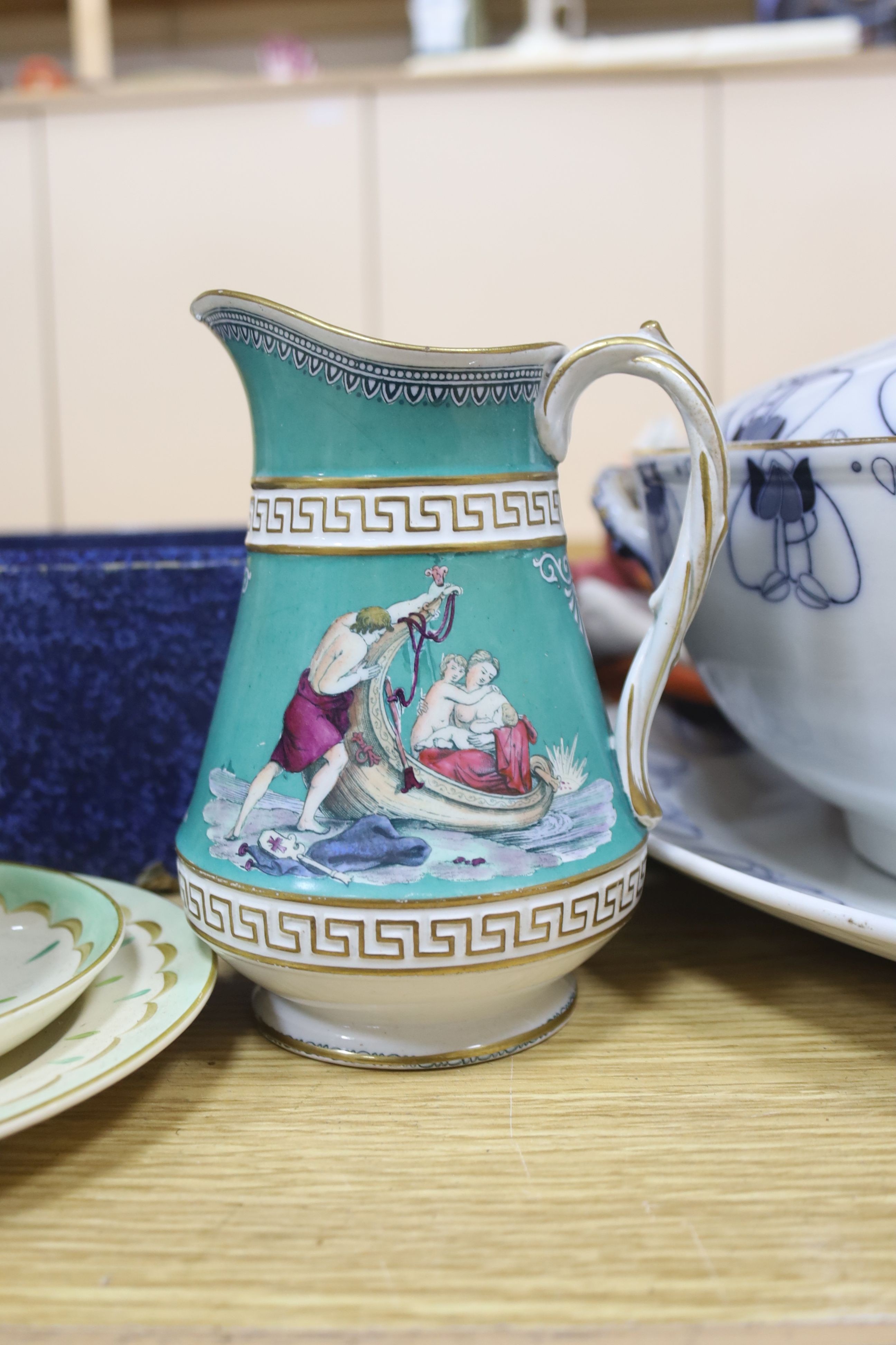 A childs 1960's tea set, blue and white tureen stand, Religious carving, 1960's/70's fabric and Venetian vase etc